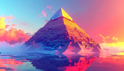Pyramid sits in water, the sky is colorful and vibrant, casting a warm hue over the scene