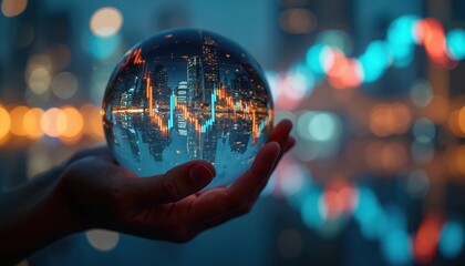 Hand holds crystal ball with stock market chart, cityscape reflection. Financial forecast, investment concept. Business, economy trend prediction with financial graph. Market analysis, investment