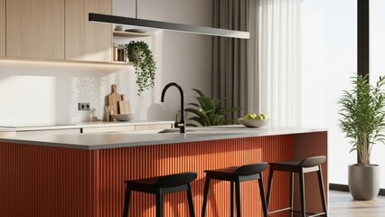 Modern Kitchen Island with Bar Stools and Natural Light.