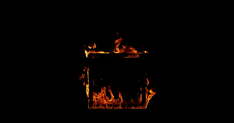 Photography of a burning wooden beam in frame shape isolated on a black background. Detailed fire textures ideal for VFX, compositing, overlays, graphics, and cinematic effects.