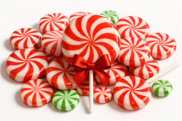 Pile of red and white peppermint swirl hard candies and lollipops with green mints