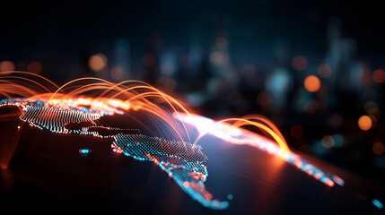 Global cashless payment network visualization glowing data lines world map futuristic fintech theme international transaction display digital finance connectivity