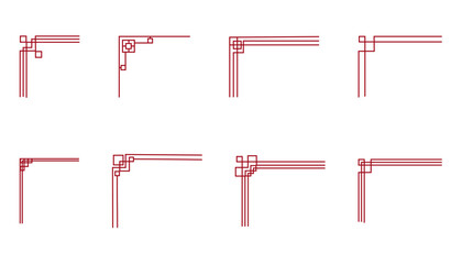 Korean traditional line borders set with knot corners ornament. Collection festive asian frame corners. Traditional Asian pattern for decoration of banners, holiday cards and Asian culture products