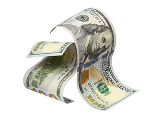 Two flying hundred dollar bills, isolated on transparent cutout background