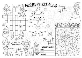 Vector Christmas village placemat for kids. Winter holiday printable activity mat with maze, tic tac toe charts, connect the dots, find difference. New Year black and white play mat or coloring page