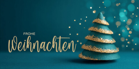 Frohe Weihnachten Winter Konzept, Weihnachtskarte, Grußkarte, Karte mit deutschem Text - Abstrakter Weihnachtsbaum, Tannenbaum oder Christbaum, isoliert auf türkisem Hintergrund