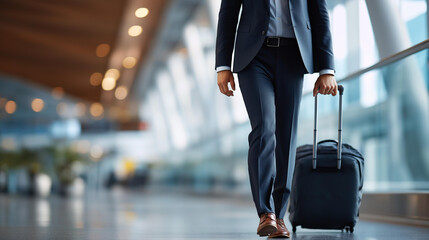 Faceless businessman in crisp charcoal suit walking purposefully through expansive airport terminal defocused architectural background polished rolling suitcase trailing behind