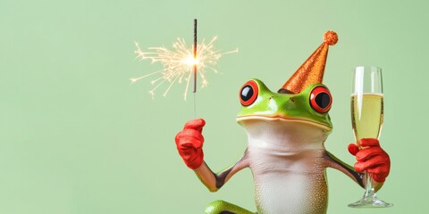 Happy new Year, new year's eve, new years eve, party, celebration, new year card, funny animals greeting card with text - frog with sparkler, champagne glass and party hat, isolated green background