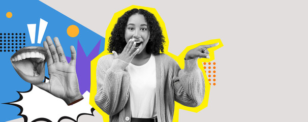 A woman stands in the center of a creative collage, expressing joy with a cheerful gesture. Bright colors and graphic shapes surround her, enhancing the lively atmosphere and mood.