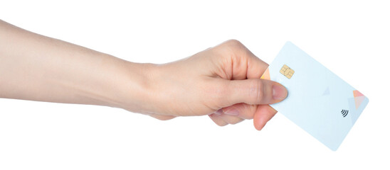 Hand holding a bank card with a chip, isolated on transparent background. Ideal for finance, payment, banking, digital transactions, and security-themed projects