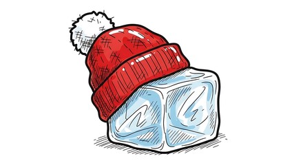 Ice Cube Wearing a Red Winter Hat Illustration.