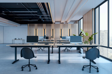 Modern open-plan office interior with minimalist furniture, natural lighting, and cityscape view through large windows. 3D Rendering