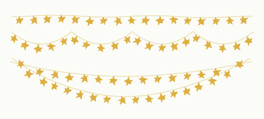 Star garlands, festive lights set. Christmas decorations on strings with starry sparkles, electric horizontal strands, Xmas holiday decor. Flat vector illustration isolated on white background