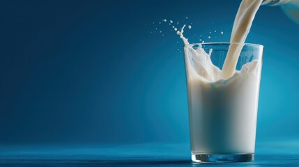 A person pours milk from a container into a clear glass. The milk splashes as it meets the glass, creating droplets in the air. There is a blue background that enhances the scene