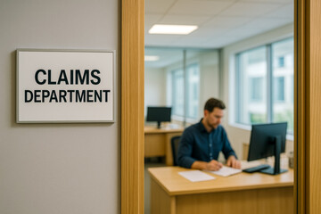Professional man working in claims department office setting