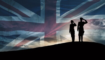 Two silhouetted soldiers saluting against a dramatic Union Jack flag background at sunset, concept for patriotism, remembrance, and national pride