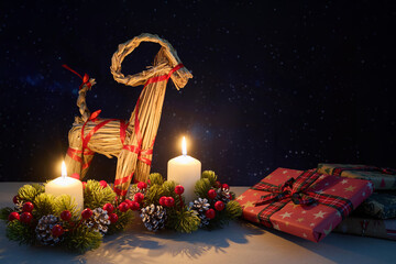 Julbock Christmas Straw Goat and Candles