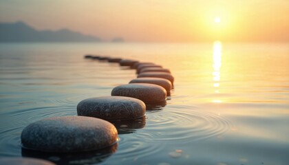 Smooth stones make pathway in calm water. Sun sets over ocean horizon creating golden reflection. Peaceful journey forward. Represents progress and mindful steps.