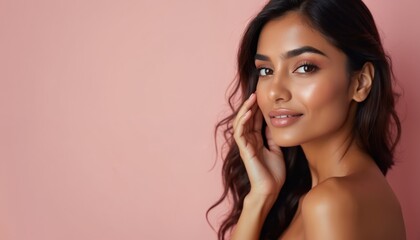 Beautiful Indian woman with glowing skin touches her face gently. She has dark wavy hair and wears subtle makeup. Her look is confident and elegant against a soft pink background.