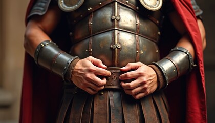 Roman soldier fastens his cuirass armor and leather belt. He wears a red cape and arm guards. This military man prepares for battle or parade in ancient Rome.