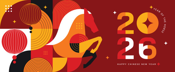 Happy Chinese New Year 2026 Year of the Horse vector geometric illustration with red and gold lantern elements. Modern festive design for greeting cards posters banners packaging and backgrounds.