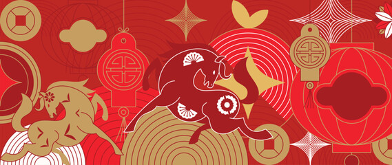  Happy Chinese New Year 2026 Year of the Horse vector illustration with red and gold zodiac horses lantern icons and lucky symbols. Design for greeting cards banners posters packaging and backgrounds.