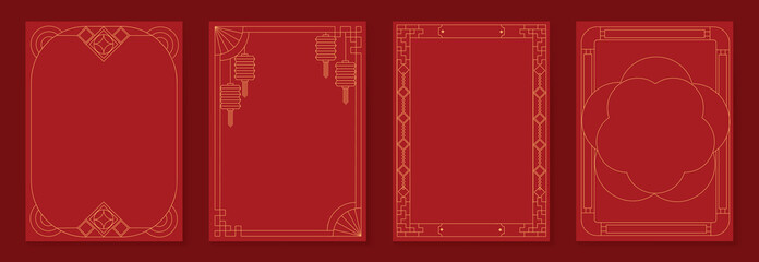 Chinese New Year 2026 vector decorative frame set with red and gold line art. Elegant oriental border design for greeting card poster invitation packaging and background.