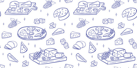 Seamless pattern with cheese platter in doodle style with various gourmet pieces. Line art illustrations, camembert, cheddar, grapes on charcuterie board on white background
