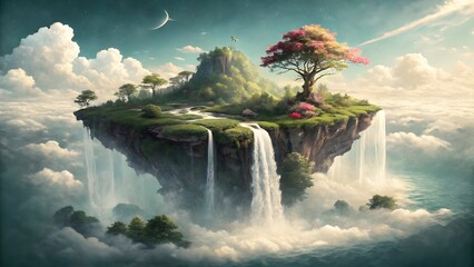 Floating island with vibrant tree and waterfalls in cloudy sky