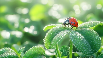 Ladybug on dewy clover leaf, vibrant greens, sunlight