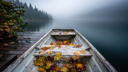 Wooden boat filled with autumn leaves on a tranquil lake with foggy background