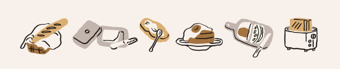 Breakfast food set. Baguette in basket, butter, pancakes with egg, bread on board, toasts in toaster, handdrawn sketches, scribble drawings. Morning snacks in doodle style. Flat vector illustration