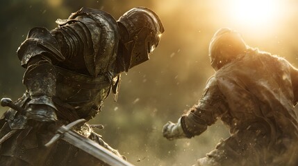 Epic Medieval Battle Scene with Knights Fighting at Sunset.