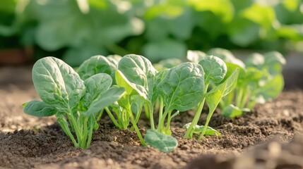 Fresh spinach leaves growing in organic garden sunlight