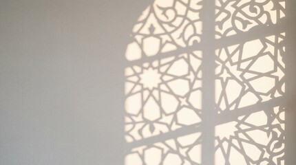 Abstract Minimalist Geometric Shadows Cast by Islamic Jali Screen on Plain White Wall during Golden Hour with Copy Space