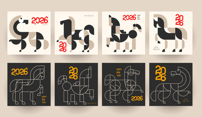 Modern template design with silhouette horse in fashion minimalist style. Chinese new year 2026. Set holiday background for cover, invitation, poster, banner, flyer, placard. Vector illustration.