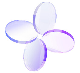 Abstract flower with petals of glass holographic round discs. Iridescent geometric figure of transparent circular disks. Crystal plate shapes with purple gradient on light blue bg