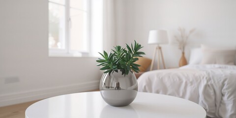 Green plant in a metal vase placed on a sleek, modern table in a minimalist bedroom, used for interior decor planning