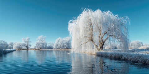 Snow-covered willow branches reflected on a calm river under a clear blue sky, illustrating winter landscape and ecological balance