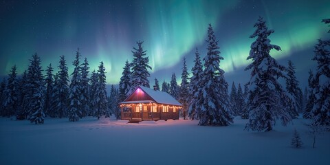 Snowy forest with a rustic wooden cabin lit by interior lights, nighttime winter landscape for seasonal holiday observance