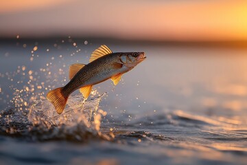 Fish jumping out of water at sunset