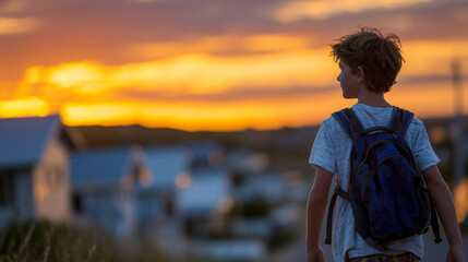Backlit silhouette of a child with a backpack strolling toward the horizon, quiet houses lining the street, warm sunset glow softening the scene, conveying peaceful reflection and
