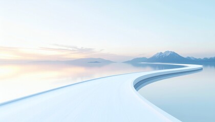 Serene winter landscape with a winding frozen lake shore and majestic mountains in the background under a calm sky with soft pastel hues.