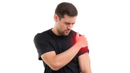 Medical illustration highlighting rotator cuff muscles and tendons in yellow and red, indicating strain injury on a transparent background for clear visualization of shoulder anatomy