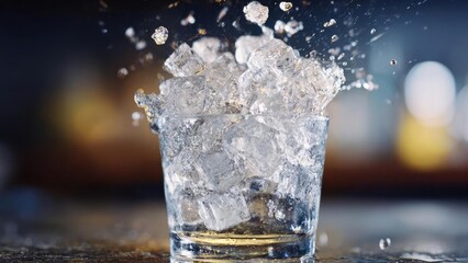 A glass full of ice with ice cubes bursting out and splashing upward. Concept Ice Splash Photography, High-Speed Water Burst, Frozen Glass Art, Refreshing Beverage Shot, Dynamic Liquid Motion