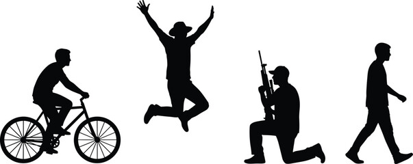 People activity silhouettes isolated on white background, cycling, jumping, walking, armed soldier pose illustration for lifestyle, motion, action concept vector