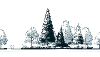Rysunek szkicowy drzew i zieleni miejskiej na przezroczystym tle, idealny do projektowania krajobrazu.