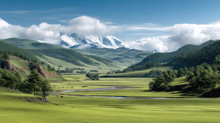 Snow capped mountains grassland blue sky green hills river pine tree peaceful scenic nature landscape