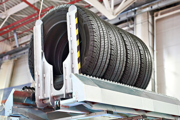 Car tires in car repair shop