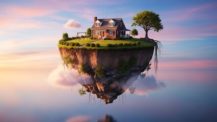 Fantasy house on floating island landscape.